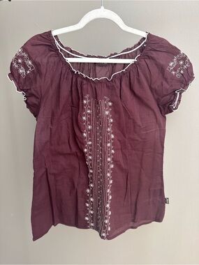NEW Kuhl 🐑 Brown Short Sleeve Embroidered Peasant Blouse size XL cotton